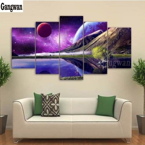Full Round diy diamond painting 5 Panel abstract Planet lake Scenery Background wall painting 5d Diamond Embroidery cross stitch
