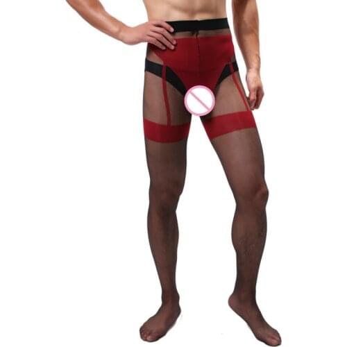 Shengrenmei Guy Sexy Pantyhose Mens Gay Silk Stockings Black with Red Crotchless Man Transparent Tights for Slim Male Underwear
