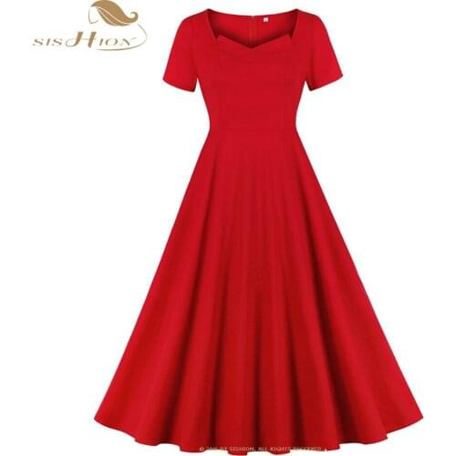 SISHION Solid Color Short Sleeve Red Maxi Long Dress VD1926 Cotton 50s 60s Midi Length Women Retro Vintage Dress 2021 Robes