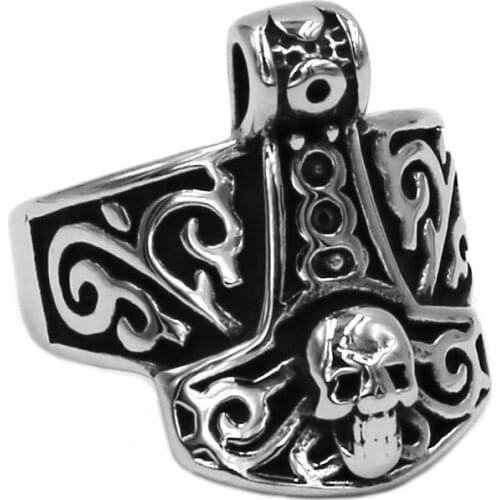 Norse Tribal Symbol Myth Thor Hammer Ring 316L Stainless Steel Jewelry Celtic Knot Motor Biker Skull Men Ring Wholesale SWR0759A