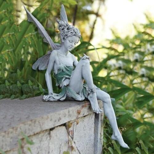 Flower Fairy Statue Sitting Art Sculpture Figurines Garden Ornament Angel Wings Resin Craft Landscaping Home Decoration Outdoor