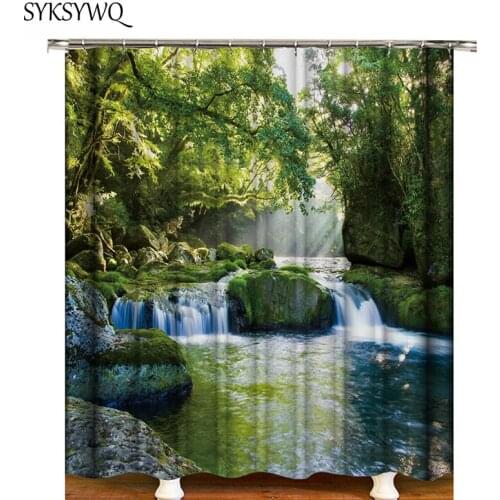 Green shower curtain Stream water forest shower curtain poliester bathroom curtain