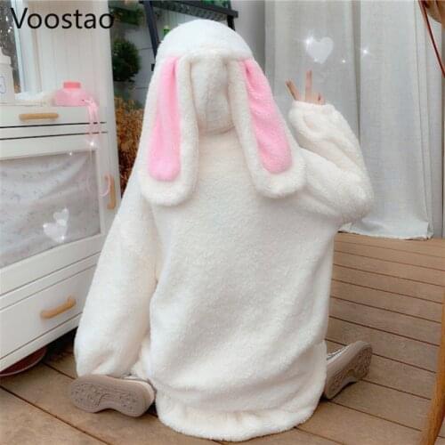 Autumn Kawaii Lolita Rabbit Ears Sweatshirt Women Funny White Black Oversize Hoodies Coats Spring Girls Harajuku Loose Jacket