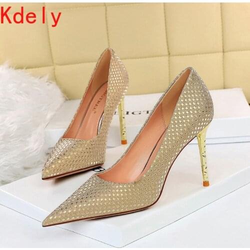 2021 Luxury Women Bling Crystal Rose Gold Pumps 9cm Pencil High Heels Pumps Designer Peach Sequin Pumps Party Cinderella Shoes