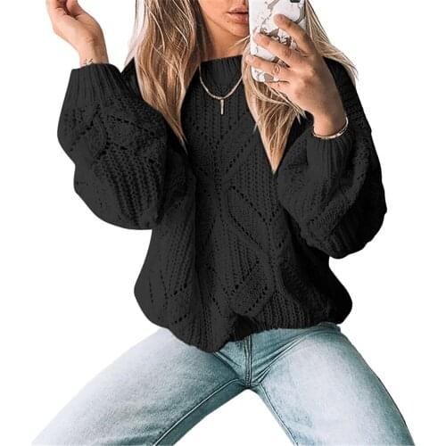Women Lantern Sleeve Female Tops Hollow Out Knitted Solid Color Sweater Round Neck Warm Autumn Irregular Casual Loose Pullover