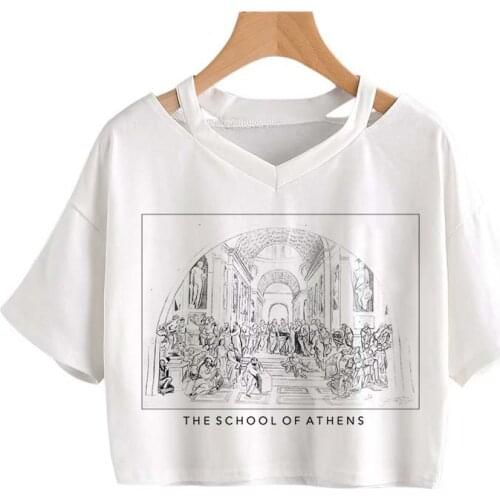 Angel Gothic Casual Women T-shirt Aesthetic sculpture print Top Harajuku short sleeve slim Punk Streetwear Sexy V-neck Crop Tops
