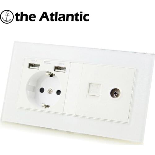 Atlectric EU DE RU Plug Power Socket Dual USB Port RJ45 TV Port Wall Double Socket Electrical Outlet PC Panel 146mm*86mm