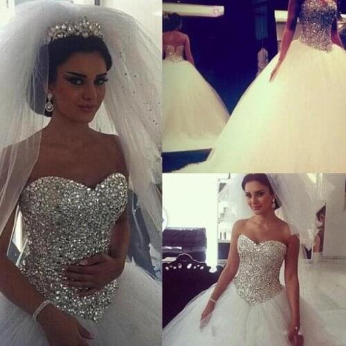 Sparkling Wedding Dresses Ball Gown Puffy White With Crystals Rhinestones Tulle Arabic Bridal Gown Dresses
