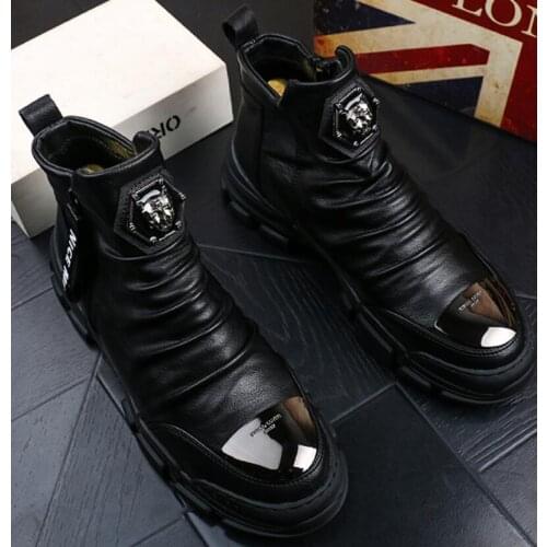 Men Fashion Casual Ankle Boots Spring Autumn Flock Leather Metal Decoration Riding Boots High Top Hip Hop Shoes 38-44 B94