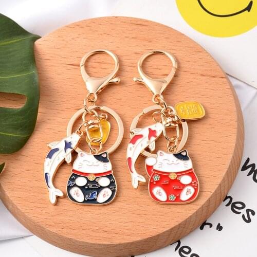 Creative Japanese-style Cartoon Lucky Cat Keychain Cute Koi Fish Alloy Pendant Exquisite Gift Lady Men Bag Car Key Charm Jewelry
