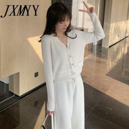 JXMYY Knitted Cardigan Jacket Spring 2021 Fashion Temperament Wide-Leg Pants Casual Western Style Two-Piece Suit Women
