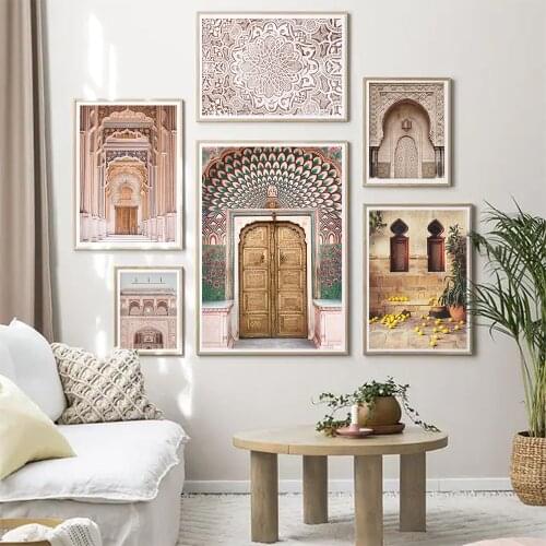 Moroccan Door Architecture With Lemons Poster Canvas Painting Bohemian Wall Arabic Art Print Picture Marrakech Home Decor