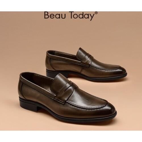Penny Loafers Men Shoes Genuine Cow Leather Waxing Round Toe Slip-on Business Formal Gentleman Handmade BeauToday 50041