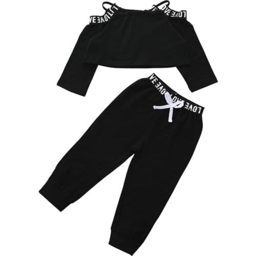 OPPERIAYA Baby Girls Casual Two-piece Clothes Casual Set Letters Printed Pattern Off-the-shoulder Tops and Elastic Waist Pants
