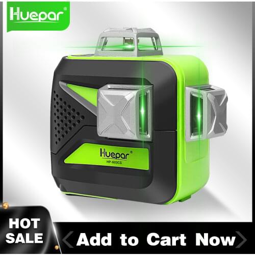 Huepar 12 Lines 3D Cross Line Laser Level 360 Self-leveling Green Beam Use Dry & Li-ion Battery Metal Window Cover Measure Tool