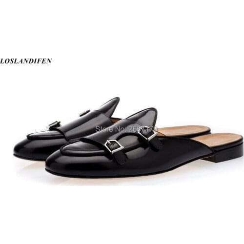 Super Fashion Casual Shoes Men Double Monk Strap Flats Slip-on Slippers Deep Blue Black Slides Casual Mules Big size