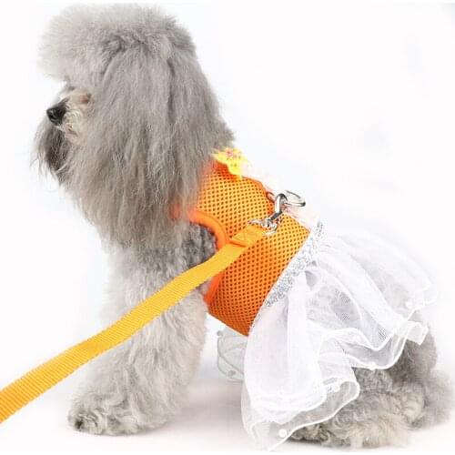 Girl Dog Harness Leash Set Mesh Vest Padded Dog Dress Harness For Small Dogs Cat Rabbit Lace Pearls Tulle Tutu Skirt with Bows