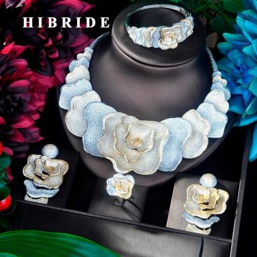 HIBRIDE Brilliant Big 4 pcs Flower Pendant Luxury Women Jewelry Set For Bridal Party Accessories Jewelry Party Gifts N-915