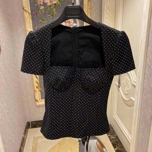 Vintage Black Women Blouse Summer New 2021 Square Collar Short-Sleeved Slim Sexy All Match Female Pulls Outwear Tops