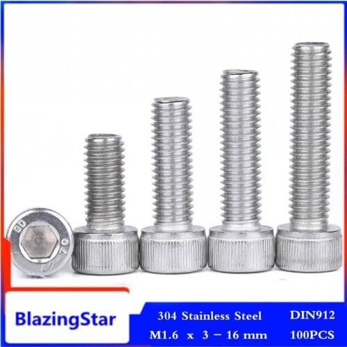 100PCS M1.6 Hexagon Hex Socket Head Cap Screws Allen Bolt Screw Metric Screws 304 A2 Stainless Steel DIN912 Length 3mm - 16mm