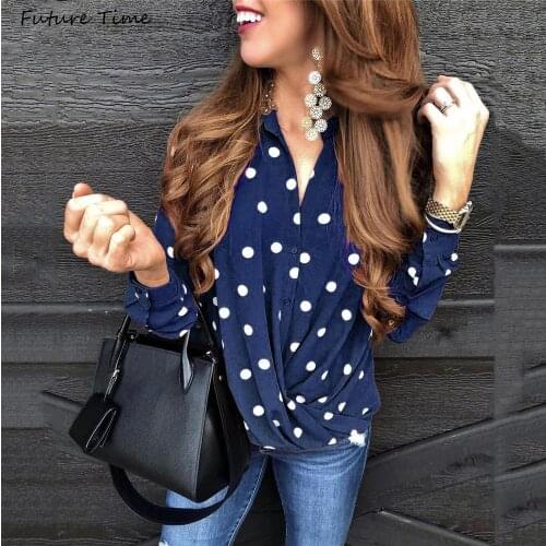 Womens Tshirt Long Sleeve Polka Dots Print Color Fashion Long Sleeve 2019 Autumn Button Notched Women t shirt C1993