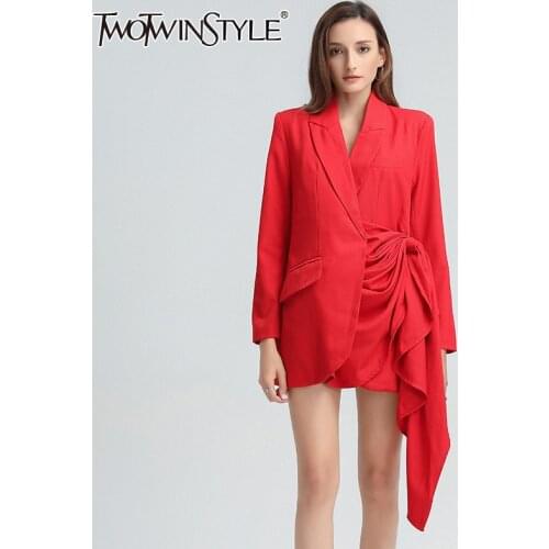 TWOTWINSTYLE Patchwork Lace Up Blazer For Women Notched Long Sleeve Asymmetrical Hem Casual Elegant Blazers Female 2020 New Tide