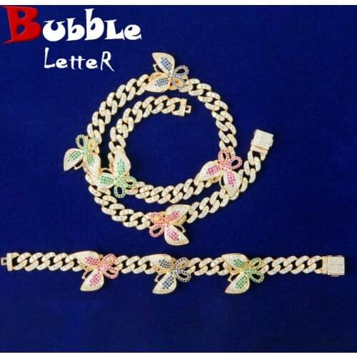 10MM Colorful Butterfly Necklace Bracelet Jewelry Sets Hip Hop Women