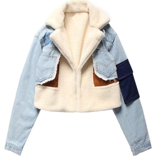 PERHAPS U Women Faux Fur Denim Patchwork Coat Outwear Warm Thick Turn Down Collar Pocket Chic C0410