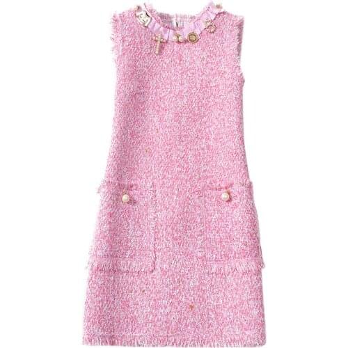 Autumn winter vintage small fragrance tweed woolen vest dress women o-neck sleeveless party a-line dress