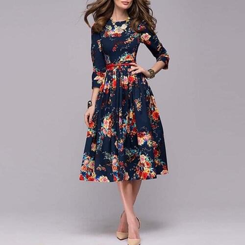 Dresses for women 2021Elegant Vintage Floral Print O Neck Long Sleeve Flared Midi Party Dress Womens Clothing vestidos