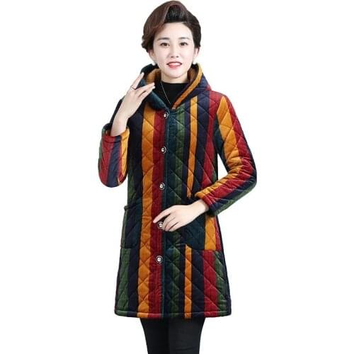 2021 Middle-aged Winter Women Prints Cotton Jacket Plus velvet Warm Grandmother Outerwear Plus size Loose Hooded Coat