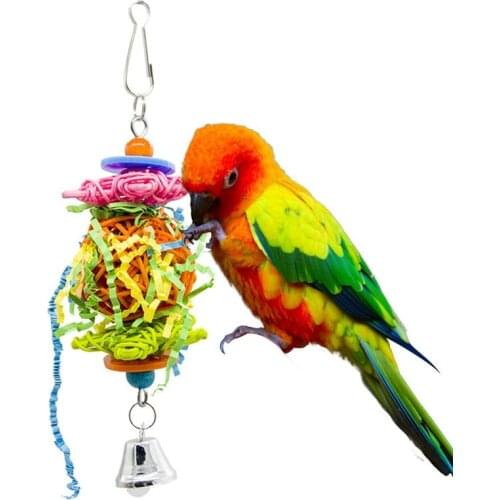 1pc Rattan Parrot Shredding Toy Funny Bird Cage Foraging Toy Parrot Hanging Toy With Acrylic Bead Multicolor Birds Accessories