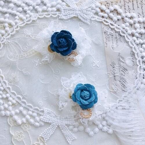 Handmade Dog Accessories Hairpin Pet Head Wear Classic Denim Camellia Lace Grooming Maltese Poodle Small Breed Yorkie