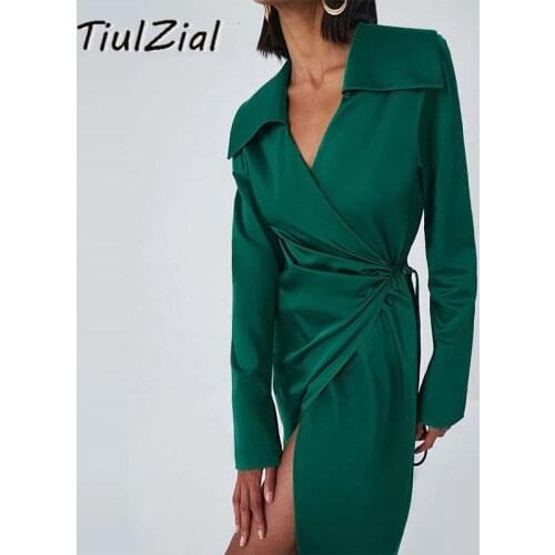 TiulZial Green Long Sleeve Satin Wrap Midi Dress 2021 Nothed Lace Up Bandage Club Party Dress High Waist Vintage Shirt Dresses