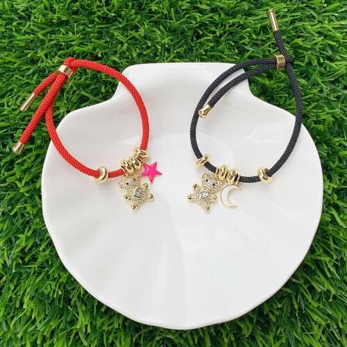 Hand-making String Bracelet Gold-plated CZ Micro Pave Little bear Enamel Star/Moon Pendant Adjustable Bangle Bulk wholesale