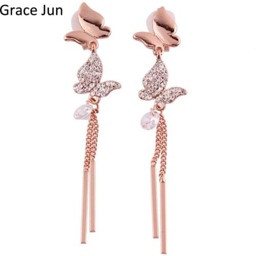Grace Jun 2017 New Style Long Bar Tassel Butterfly Clip on Earrings Without Piercing for Women Wedding CZ Rhinestone Ear Clip