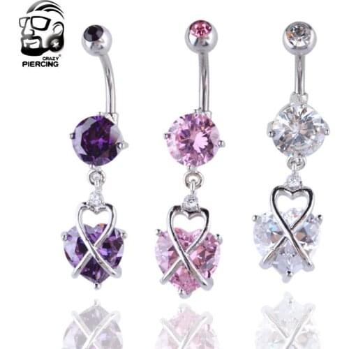 Double Side Pink Cubic Zirconia Belly Piercing Rings Surgical Steel Heart Belly Button Ring Navel Piercings Body Jewelry