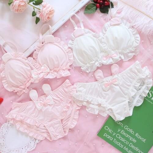 Cute Japanese Lolita Kawaii Bow Ruffle White Underwear Set Sexy Female Cute Rabbit Ears Lingerie Womens Bra & Panties Set Bras