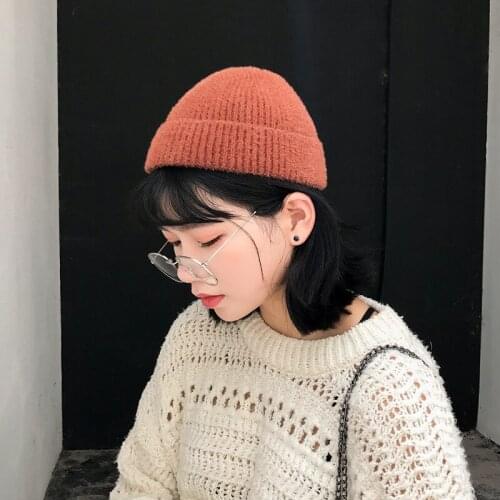 Short Korean Version Rogue Hat Knitted Melon Skin Hat Female Autumn And Winter Cold Cap Pullover Cap Tide Dome Warm Wool Cap