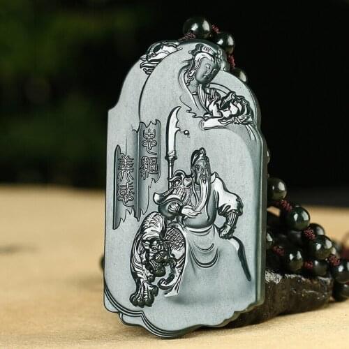 Natural A hetian jade carving guan gong black green jade jade pendant unique design jadeite jade necklace men jewelry