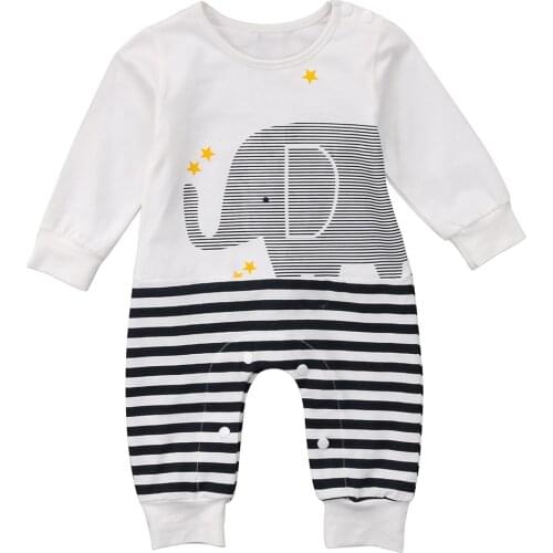 New 2020 Kids Baby Girls Boys Elephant Striped Romper Jumpsuit Outfits One-pieces Long Sleeve O-Neck Rompers Clothes