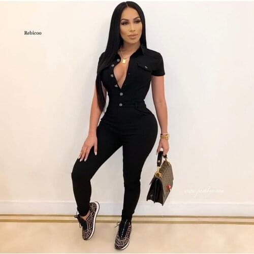 New Arrival Famous Brand Denim Jumpsuits Solid Turn-down Collar Button Sexy Bodycon Rompers