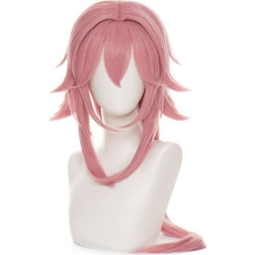 Genshin Impact Yae Cosplay Wig 85cm Long Straight Pink Heat Resistant Wig with Bangs Guuji Yae Cosplay Wig