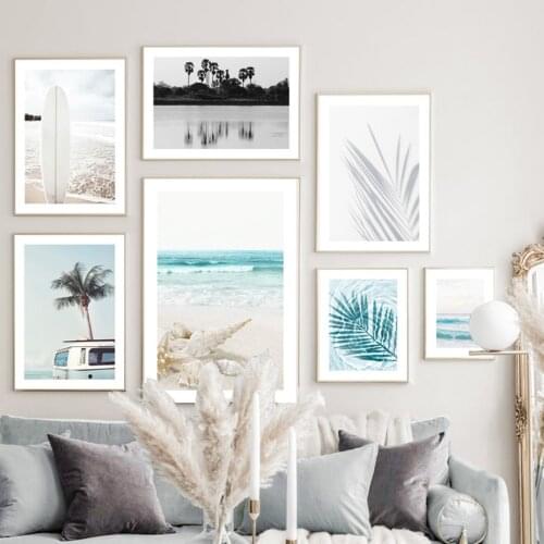 Beach Waves Conch Surfboard Palm Leaf Shadow Car Wall Art Prints Canvas Painting Nordic Poster Decor Pictures For Living Room