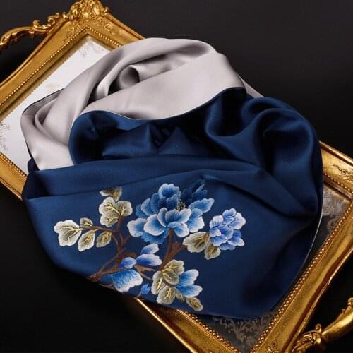 Hand Embroidery 100% Silk Scarf Long Double Layer Luxury Natural Silk Scarves Wraps Shawl for Female Gifts 155*35cm
