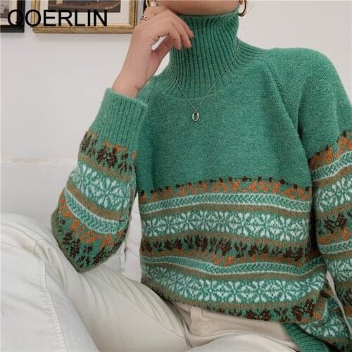 QoerliN Christmas Sweater Harajuku Turtleneck Sweater Women Ugly Wool Knitted Printed Sweaters Oversized Winter Warm Pullovers