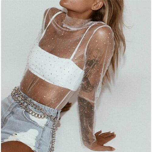 Sexy Women Ladies See through Mesh Sheer Blouse Long Sleeve Mesh Night Club Wear Tops Transparent Shirt Blouses Tee