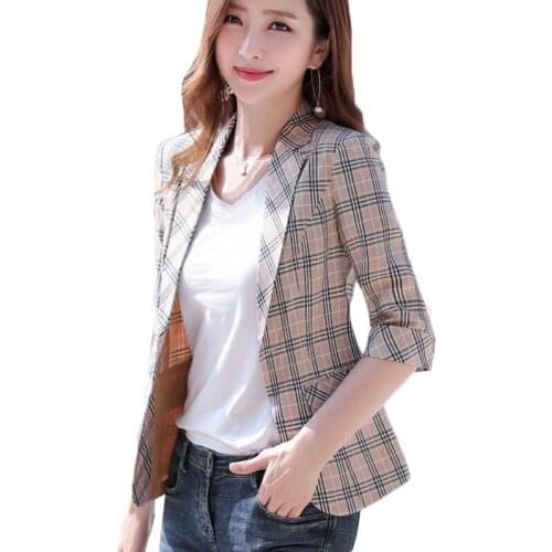 Spring Office Lady Single Button Three Quarter Womens Suit Lattice Jacket Plaid Blazer Female British Casual Short Small Suit