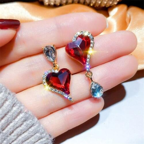 2019 Asymmetric Drop Earrings for Women Girls New Bijoux Red Purple Heart Crystal Dangle korean Earrings Statement Jewelry Gifts