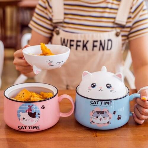 Japanese Style Ceramic Cute Cartoon Instant Noodle Bowl with Lid and Handle Creative Large Capacity Office Fruit Bowl Tableware